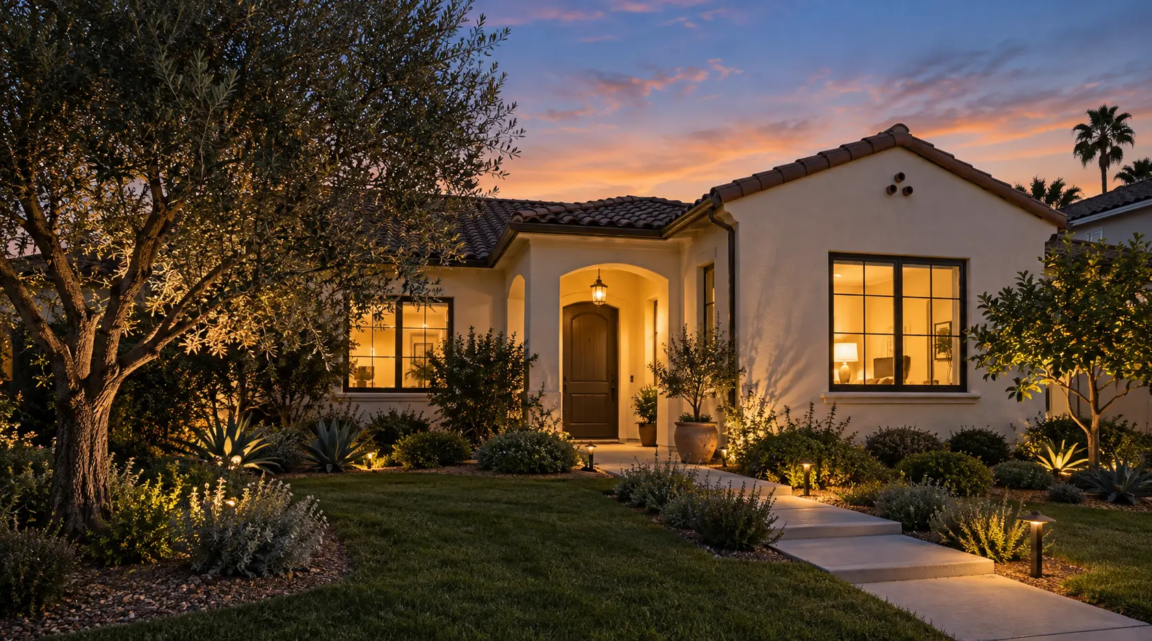 Welcoming California home at dusk